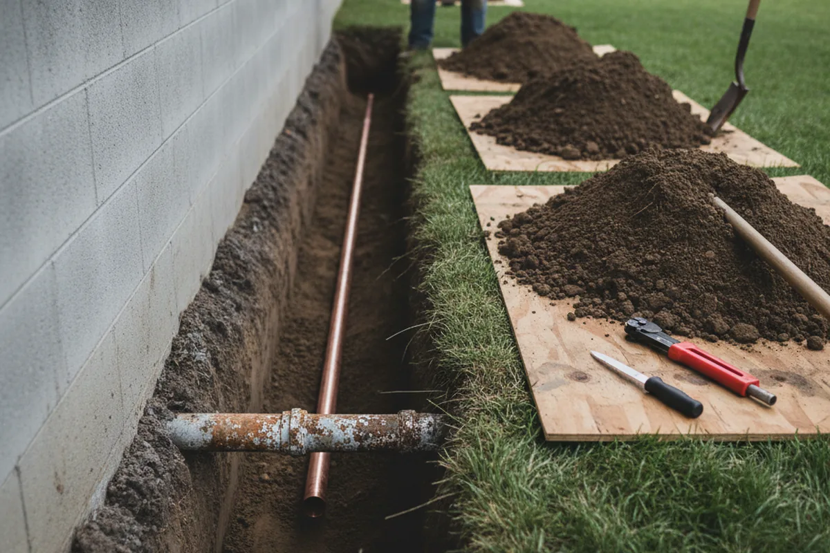 Excavated water line trench during Sewer Line Repair in Duquesne